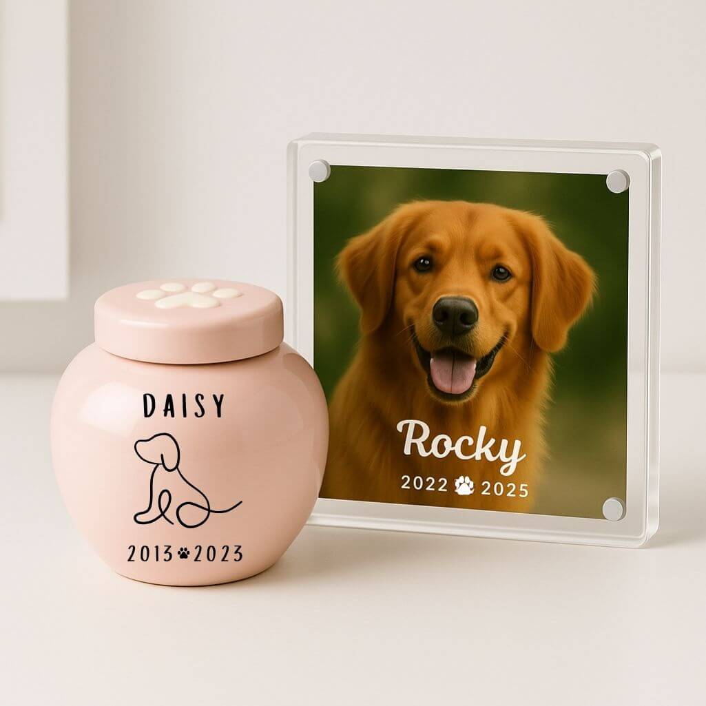 Personalised Ceramic Pet Urn – Dog Cremation Urn for Ashes with Name, Dates & Minimalist Dog Illustration