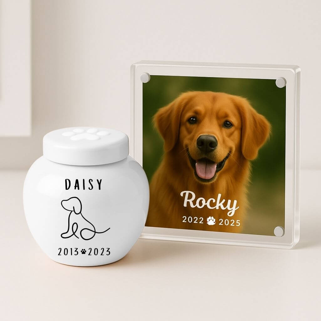 Personalised Ceramic Pet Urn – Dog Cremation Urn for Ashes with Name, Dates & Minimalist Dog Illustration