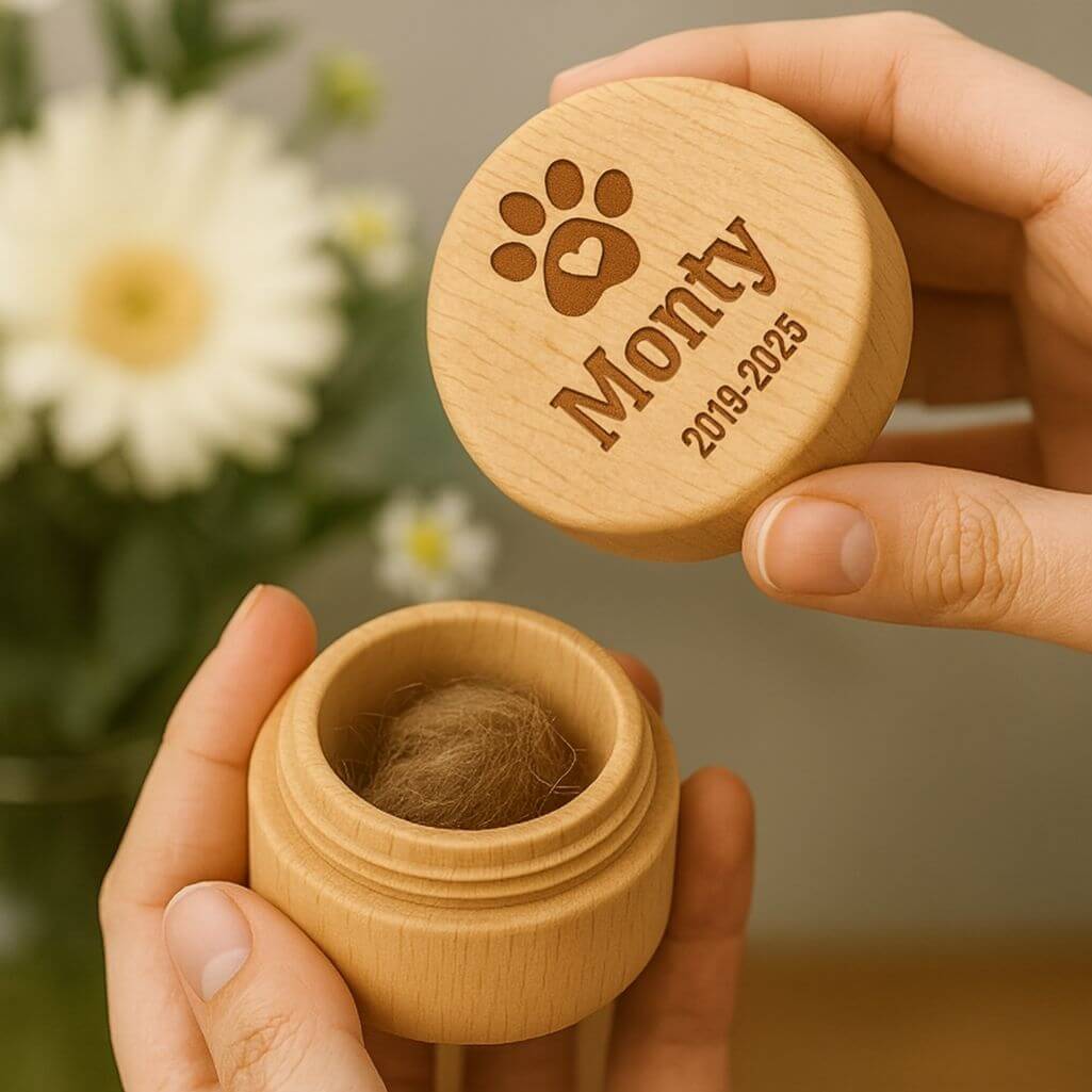 Round Wooden Pet Memorial Keepsake for Ashes or Fur Storage - Engraved with Name, Dates & Paw Print Design