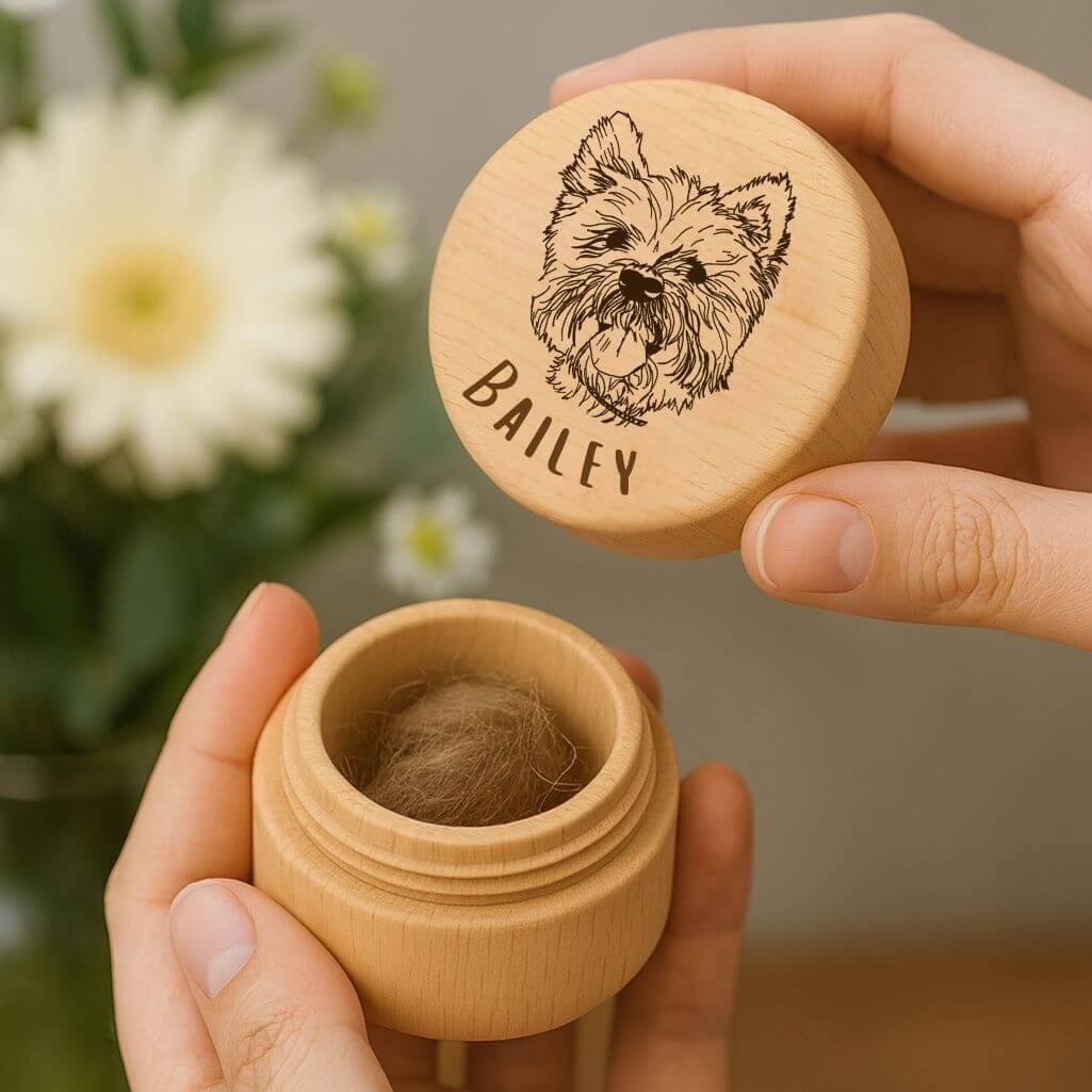 Picture-to-drawing Round Wooden Pet Memorial Keepsake for Ashes or Fur Storage - Engraved with Name