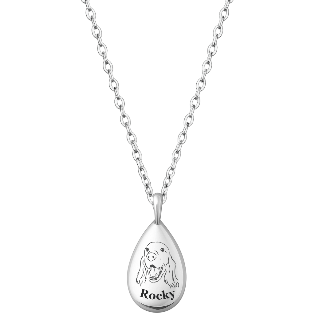 Personalised Pet Memorial Photo Teardrop Urn Necklace – Picture-to-drawing Dog Keepsake with Name