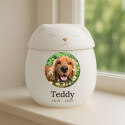 Personalised Ceramic Pet Urn with Sleeping Dog Lid – Cremation Urn for Ashes with Dog's Photo & Details in a Halo Frame
