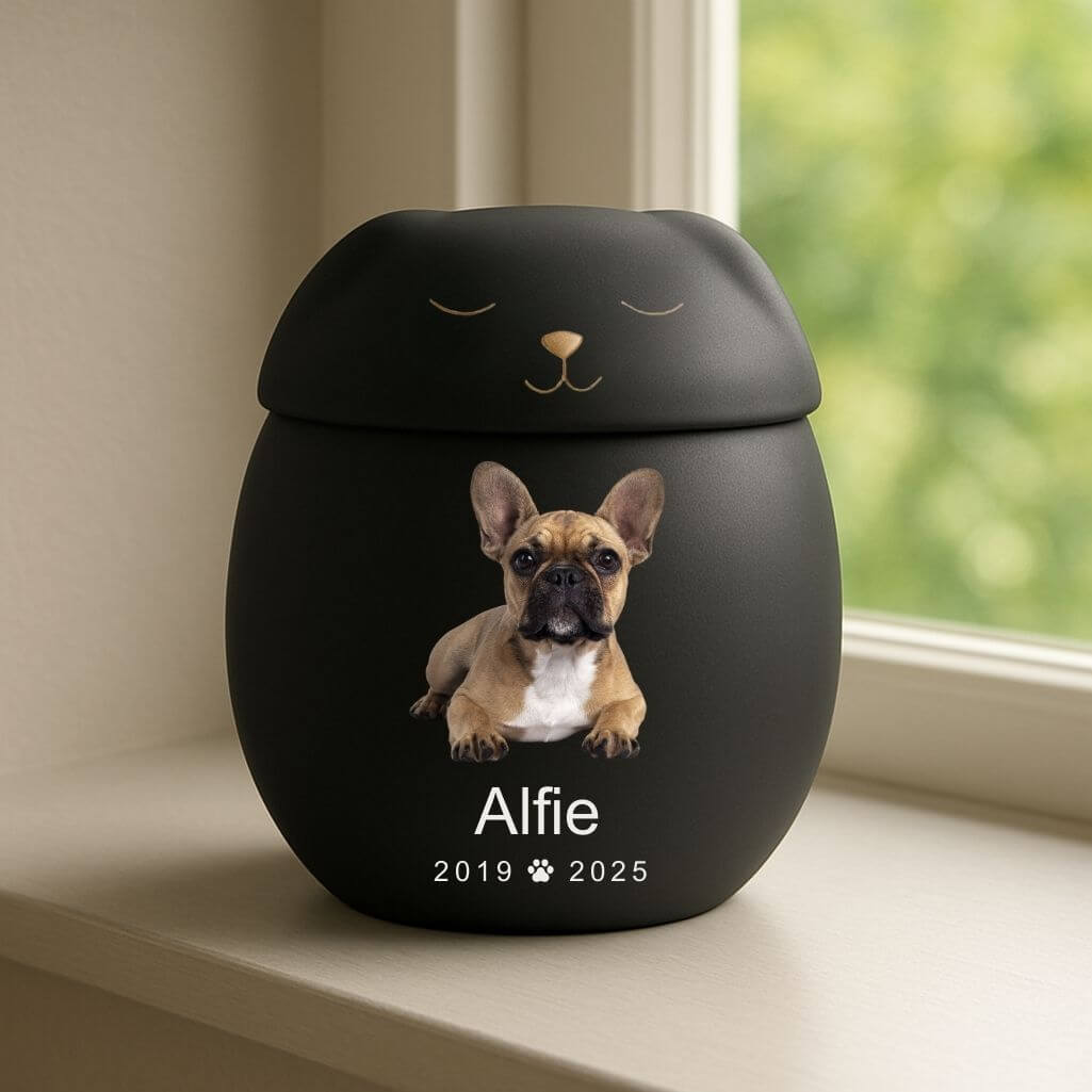 Personalised Ceramic Pet Urn with Sleeping Dog Lid – Cremation Urn for Ashes with Dog's Photo, Name & Dates