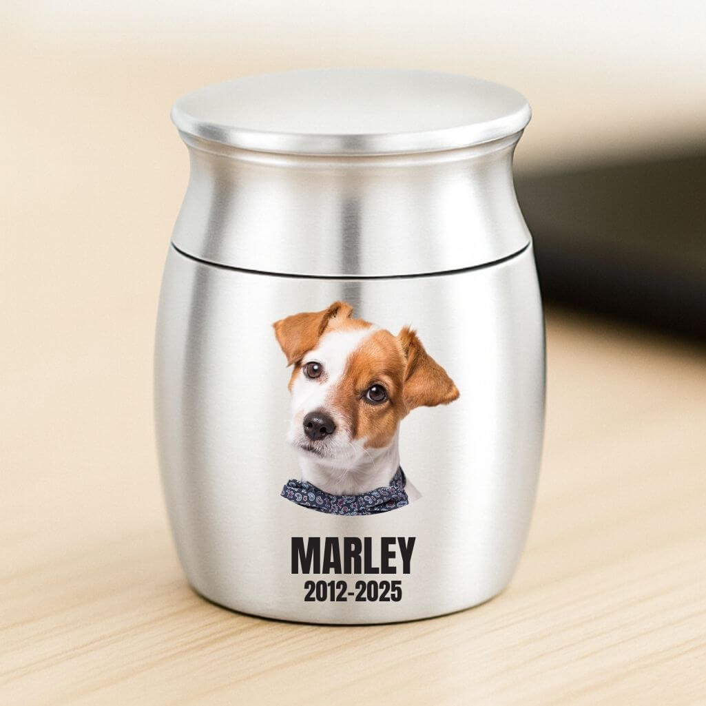 Personalised Pet Keepsake Urn – Mini Dog Urn with Engraved Photo, Name & Dates
