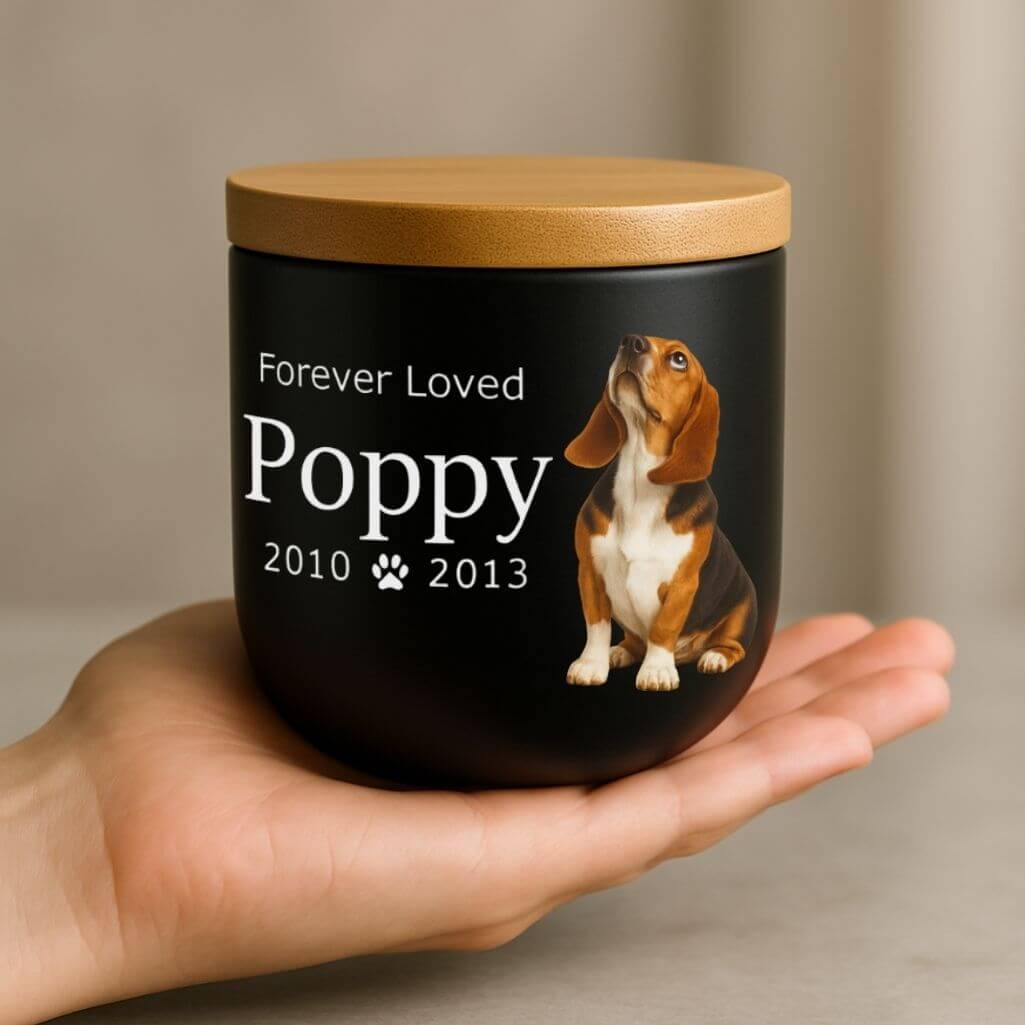 Personalised Ceramic Pet Urn with Photo – Dog Cremation Urn for Ashes with Name, Dates & Tribute