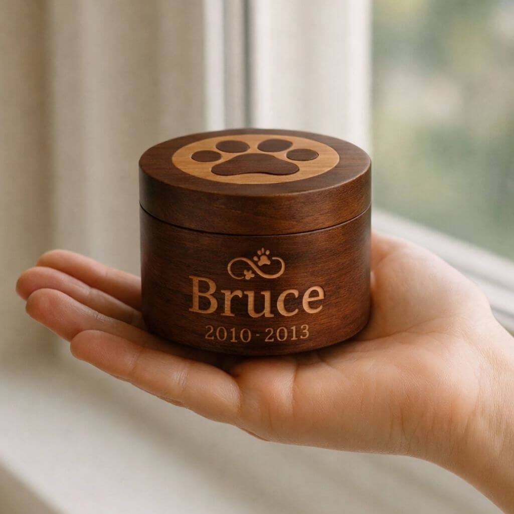 Personalised Wooden Pet Urn with Infinity Paw Heart – Dog Urn with Engraved Name & Dates