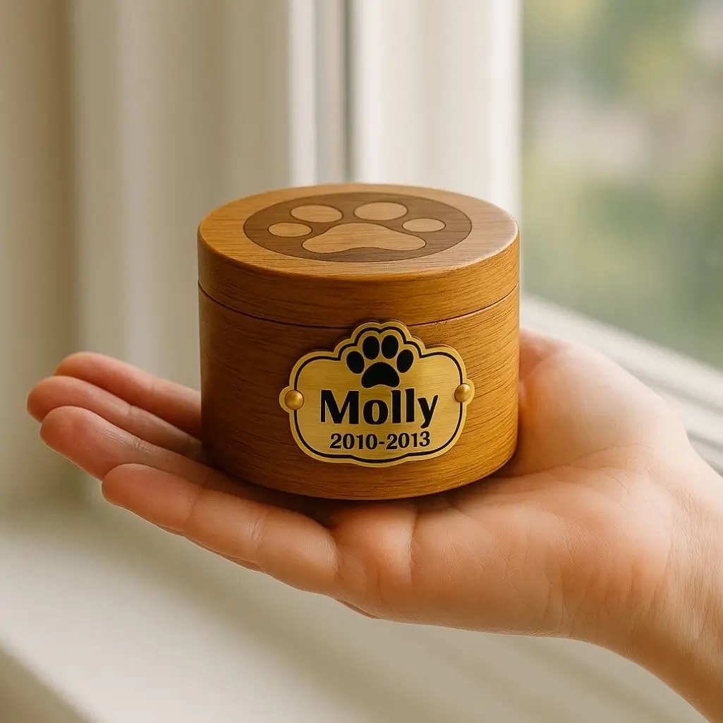 Small wooden pet urn with engraved paw print and gold nameplate reading “Molly 2010–2013,” held gently in a person’s hand.