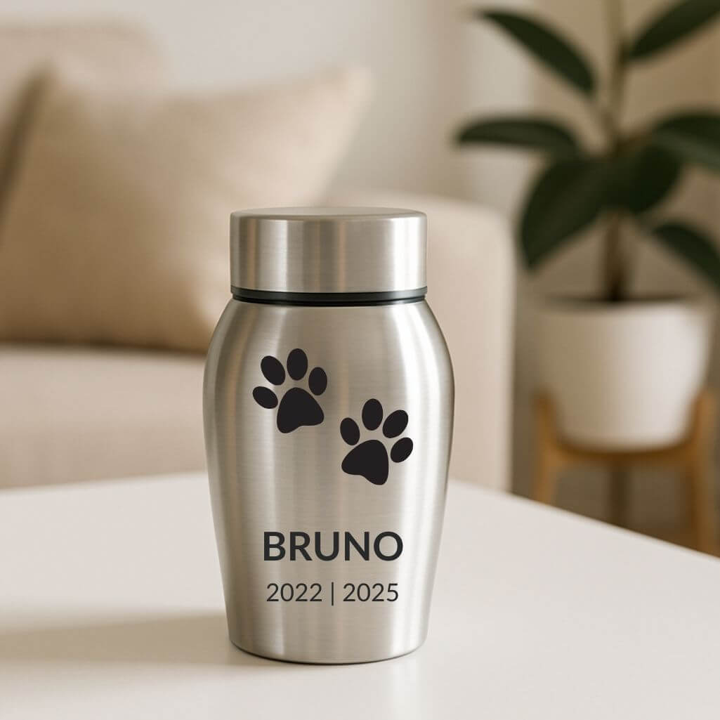 Personalised Pet Urn with Name, Dates & Paw Print Design – Stainless Steel Dog Urn