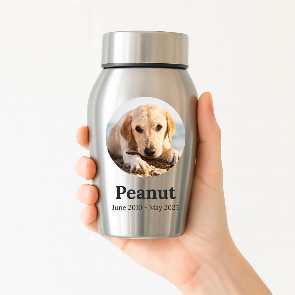 Personalised Pet Urn with Photo in a Halo Frame with Name & Dates – Stainless Steel Dog Urn