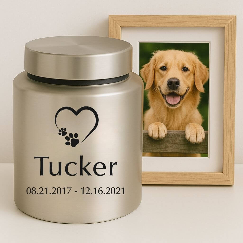 Personalised Pet Urn with Heart Paw Icon, Name & Dates – Stainless Steel Dog Urn