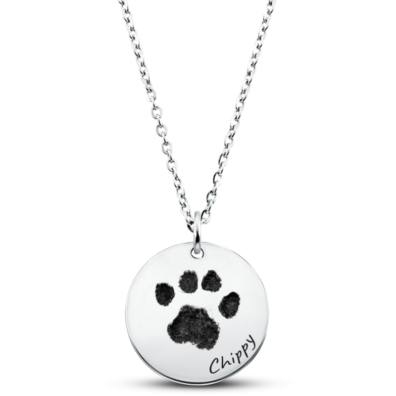 Personalised Pet Memorial Round Necklace – Engraved with Dog's Paw Print & Name