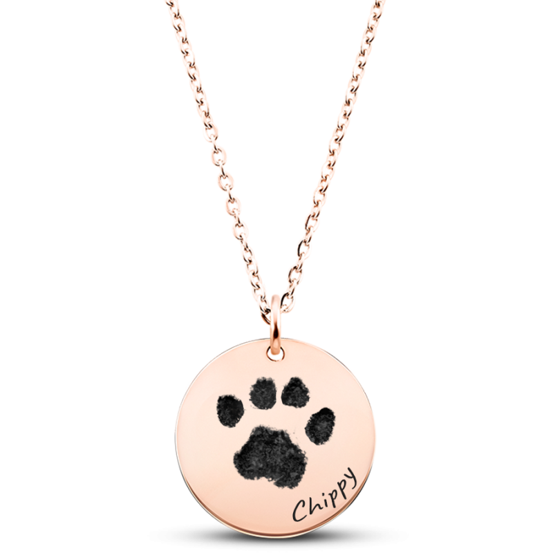 Personalised Pet Memorial Round Necklace – Engraved with Dog's Paw Print & Name