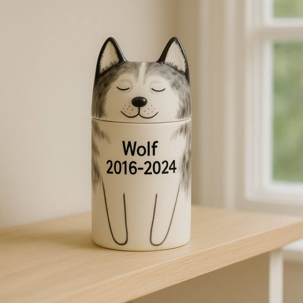 Personalised Handmade Ceramic Pet Urn by Breed – Custom Dog Urn with Painted Portrait & Closed Eyes Design
