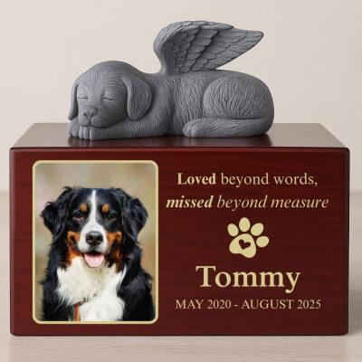 Personalised Wooden Pet Urn Box with Angel Dog...