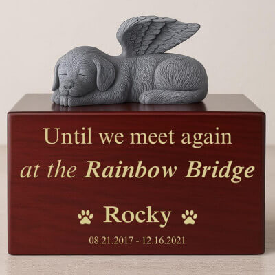 Personalised Wooden Pet Urn Box with Angel Dog...