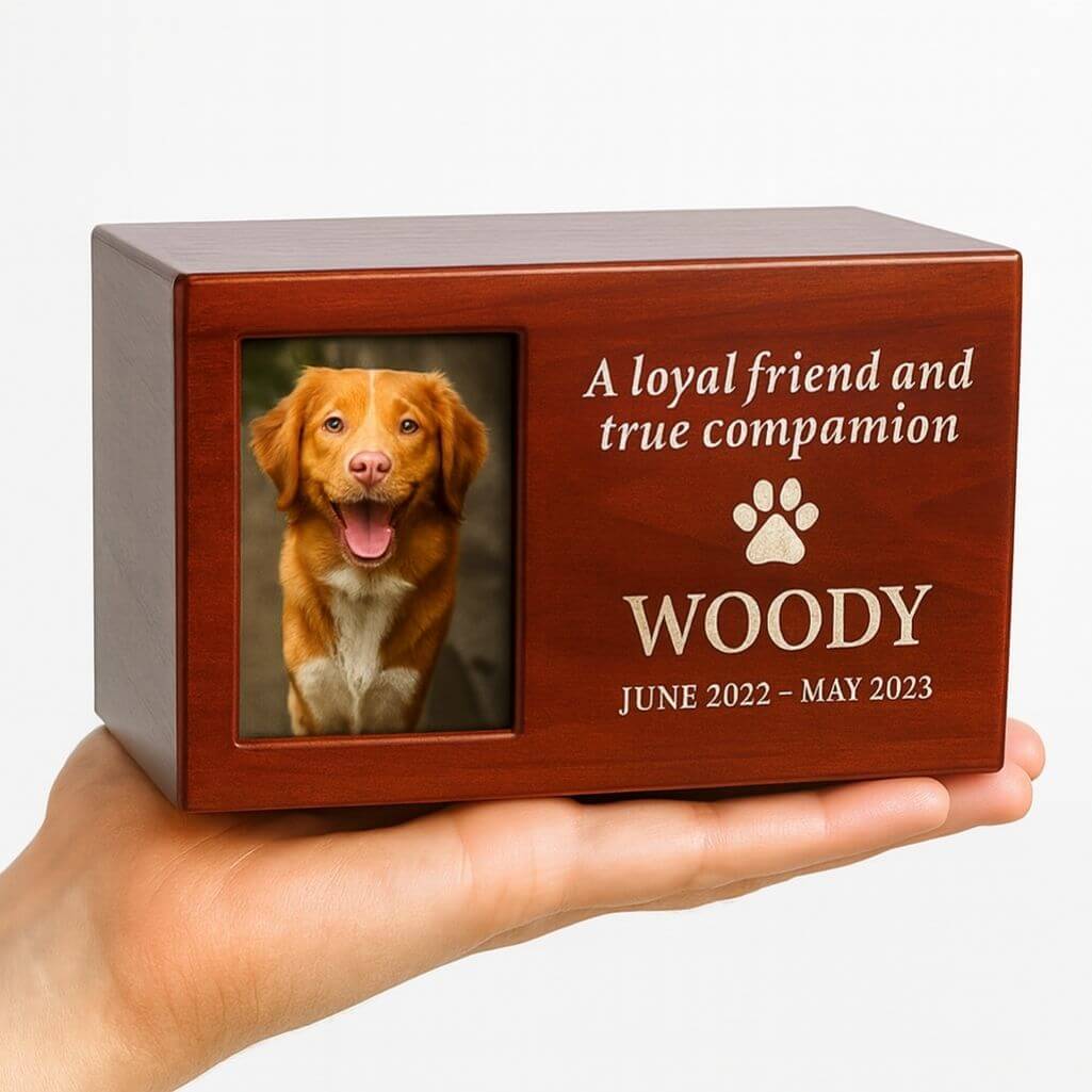 Personalised Wooden Pet Urn Box with Photo – Engraved Dog Urn with Name, Dates & Tribute