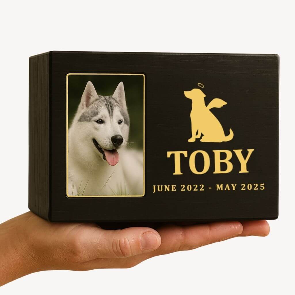 Personalised Black Wooden Pet Urn Box with Photo – Dog Urn with Angel Icon, Name & Dates