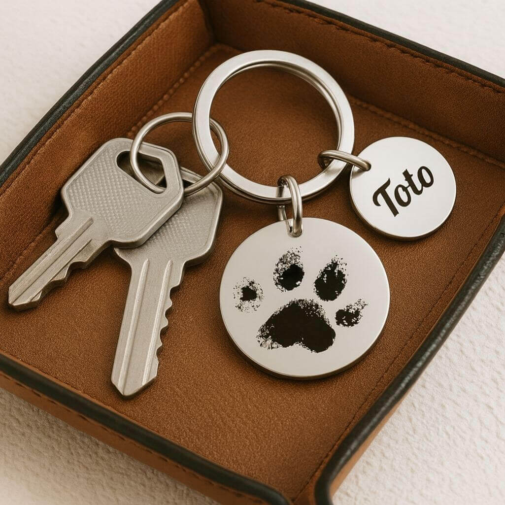 Personalised Pet Memorial 2-Charm Round Keyring - Engraved with Dog's Paw-Print & Name