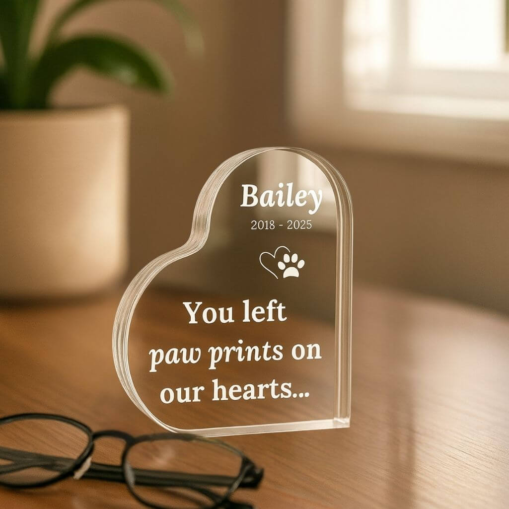 Personalised Pet Memorial Gift – Heart-Shaped Acrylic Plaque with Engraved Name, Dates & Tribute