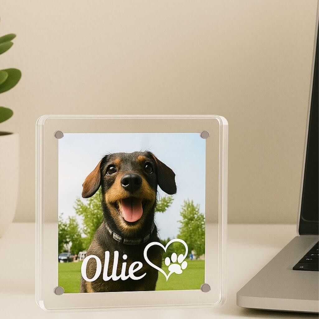 Personalised Square Acrylic Pet Memorial Photo Frame – Engraved with Name & Heart Paw Design