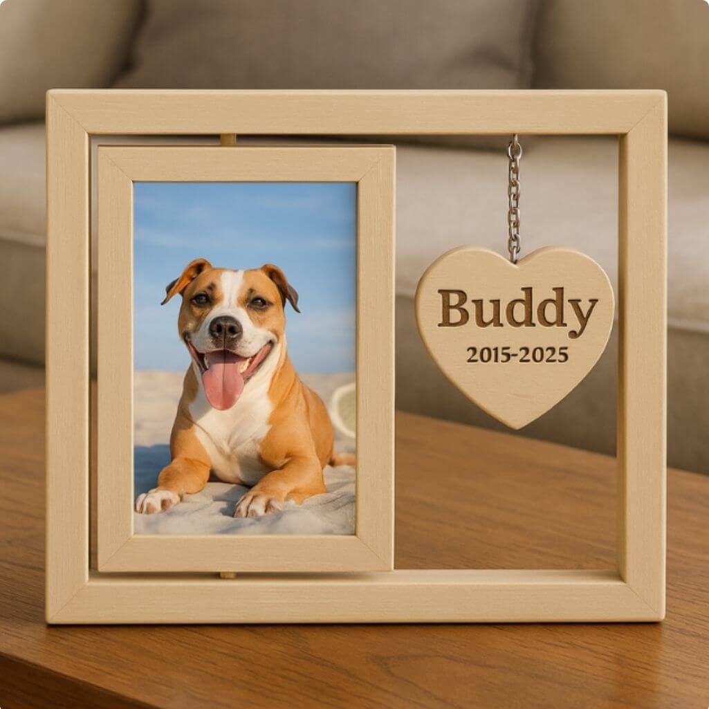 Personalised Wooden 360° Rotating Pet Memorial Photo Frame – Engraved with Name & Dates