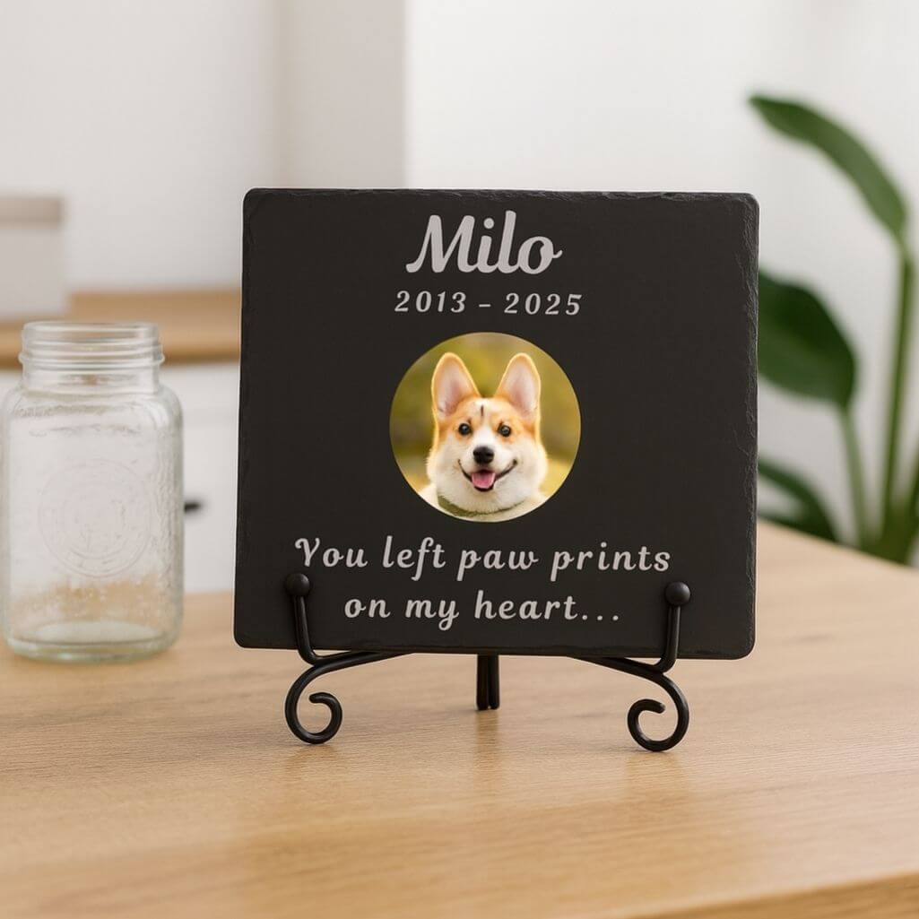 Personalised Square Pet Memorial Stone – Slate Dog Plaque with Photo, Name & Dates