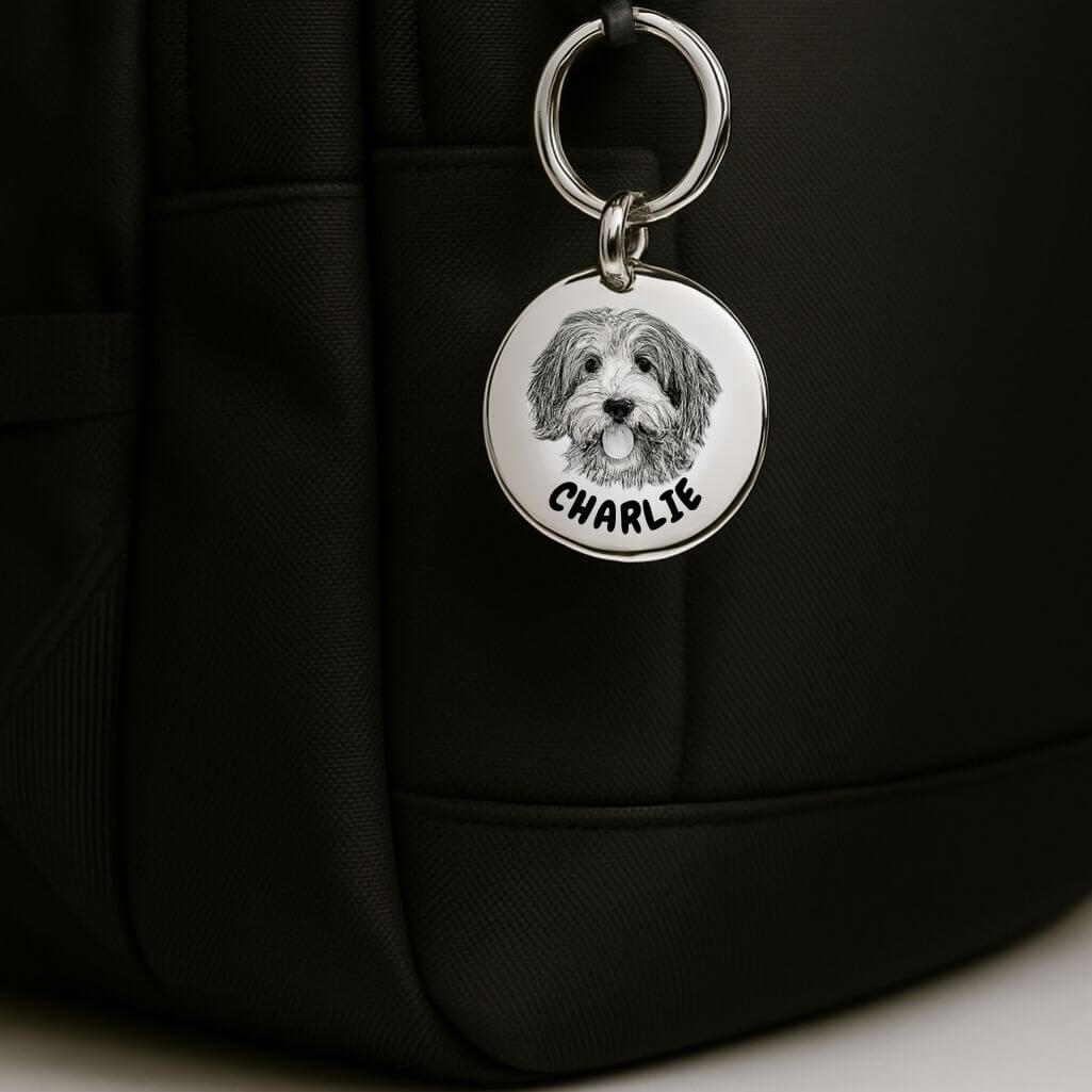 Personalised Pet Memorial Round Keyring - Engraved with Dog's Photo & Name