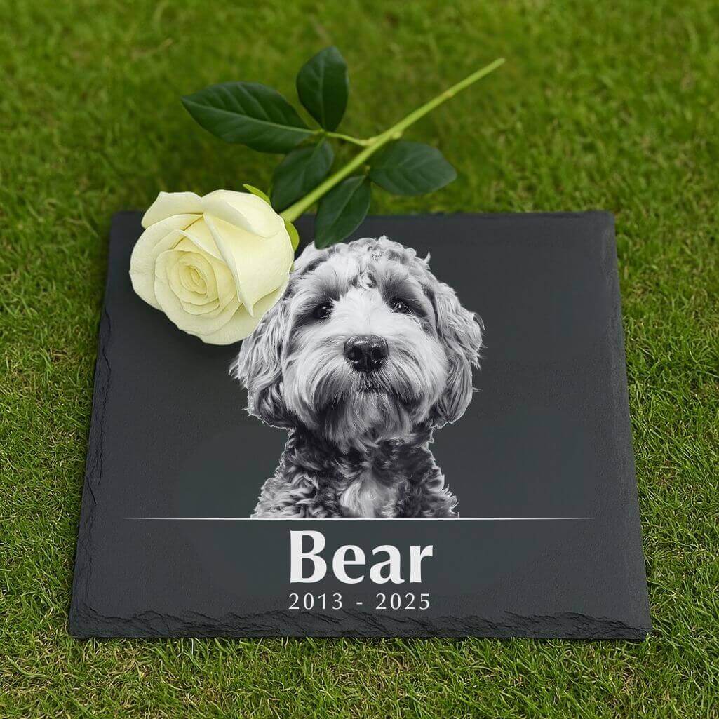 Personalised Square Pet Grave Marker with Photo – Slate Dog Memorial Garden Plaque with Name & Dates