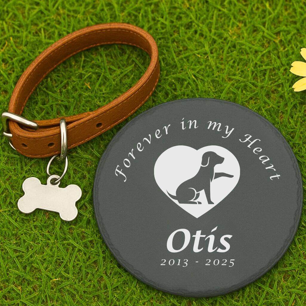 Personalised Round Pet Grave Marker – Slate Dog Memorial Garden Plaque with Name, Dates & Tribute