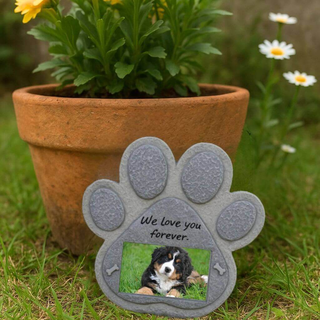 Paw-Shaped Pet Memorial Stone with Photo Frame – Weatherproof Resin Grave Marker for Outdoor Display