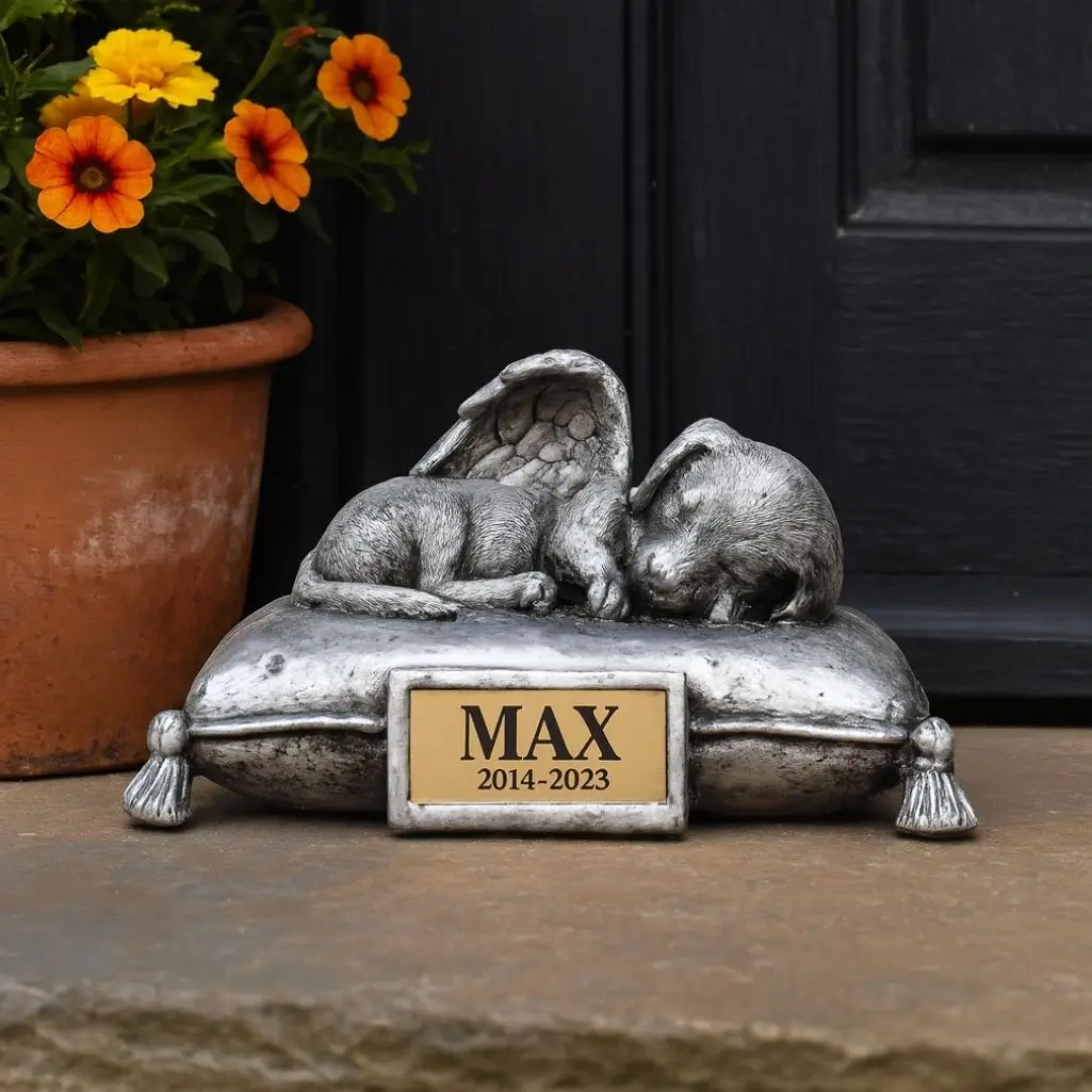 Silver dog memorial urn shaped like a sleeping angel dog on a pillow with a gold plaque reading “Max 2014–2023” by a doorstep.