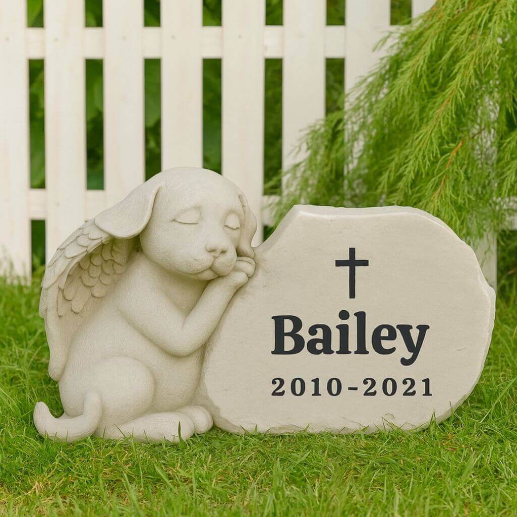 Personalised Dog Angel Pet Memorial Headstone with Name & Dates – Weatherproof Resin Grave Marker for Garden Display