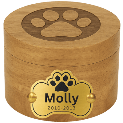 Personalised Wooden Pet Urn with Aluminium Plate – Dog Urn with Engraved Name & Dates