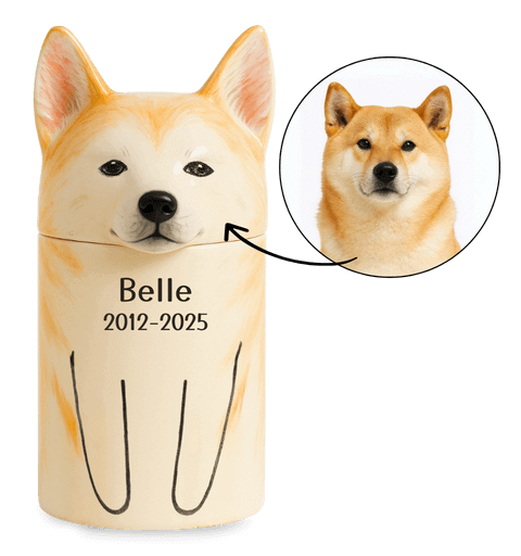 Personalised Handmade Ceramic Pet Urn by Breed – Custom Dog Urn with Painted Portrait & Open Eyes Design