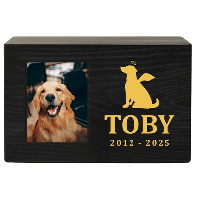 Personalised Black Wooden Pet Urn Box with Photo – Dog Urn with Angel Icon, Name & Dates