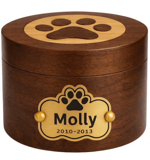 Personalised Wooden Pet Urn with Aluminium Plate – Dog Urn with Engraved Name & Dates